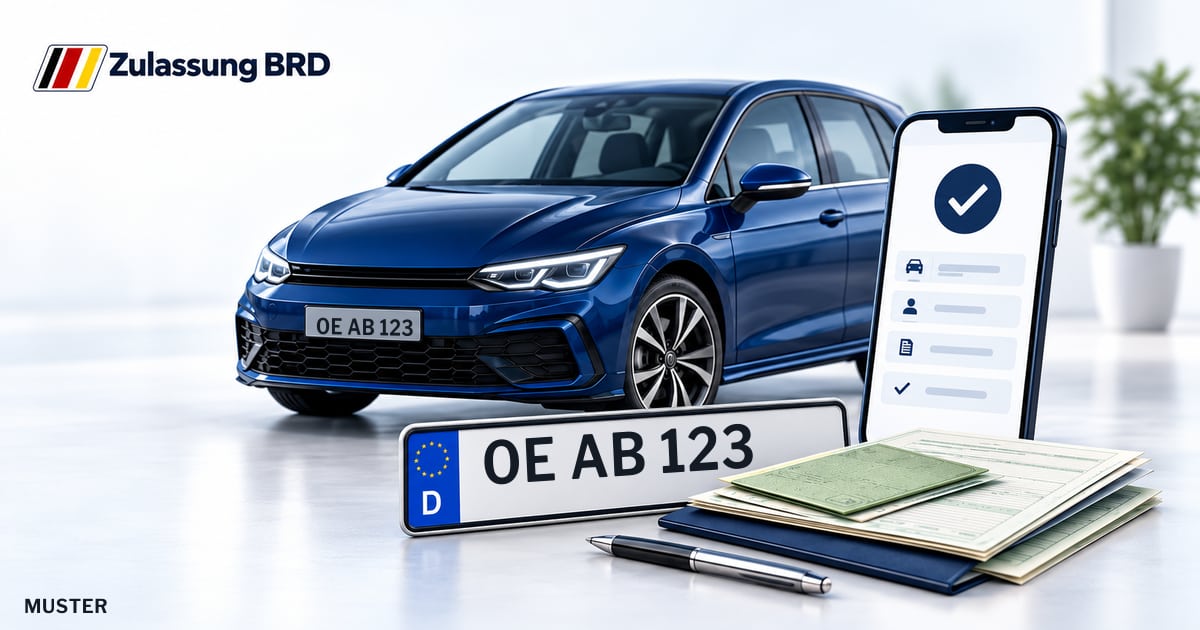 Online Fahrzeugzulassung in Drolshagen: Musterkennzeichen OE AB 123, Auto und Fahrzeugpapiere und Smartphone. Illustration mit Logo von Zulassung BRD.